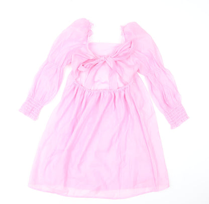 H&M Divided Women’s Pink A-Line Puff Sleeve Bow Back Dress Size 10
