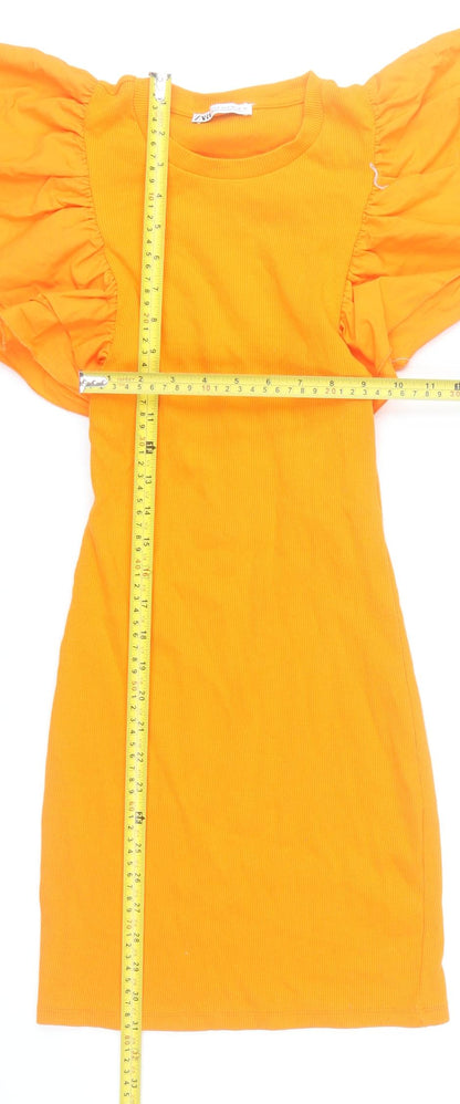 Zara Women’s Orange Short Sleeve Ruffle Bodycon Dress Size S