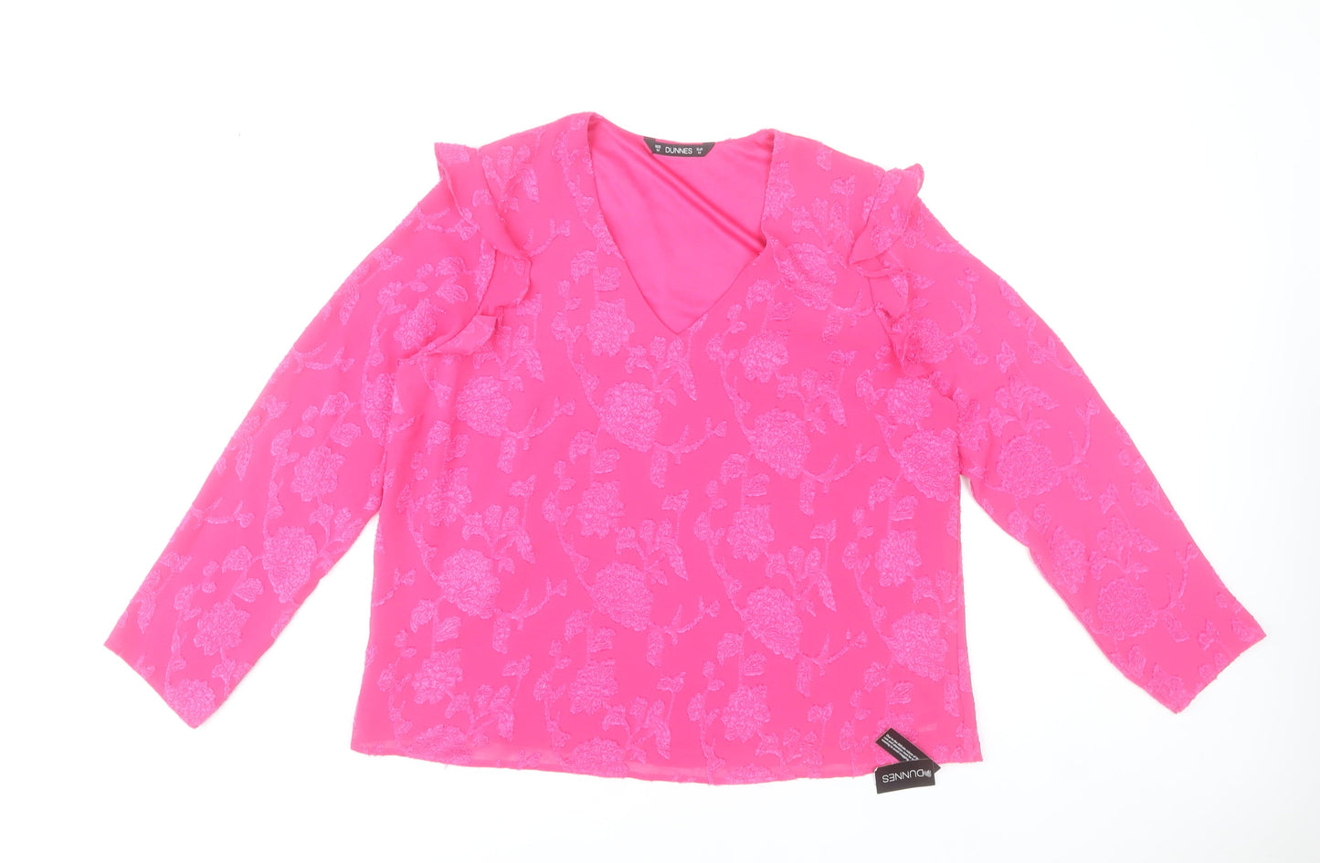 Dunnes Stores Women’s Pink Floral Ruffle V-Neck Long Sleeve Blouse M