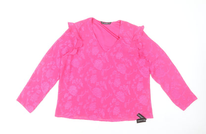Dunnes Stores Women’s Pink Floral Ruffle V-Neck Long Sleeve Blouse M
