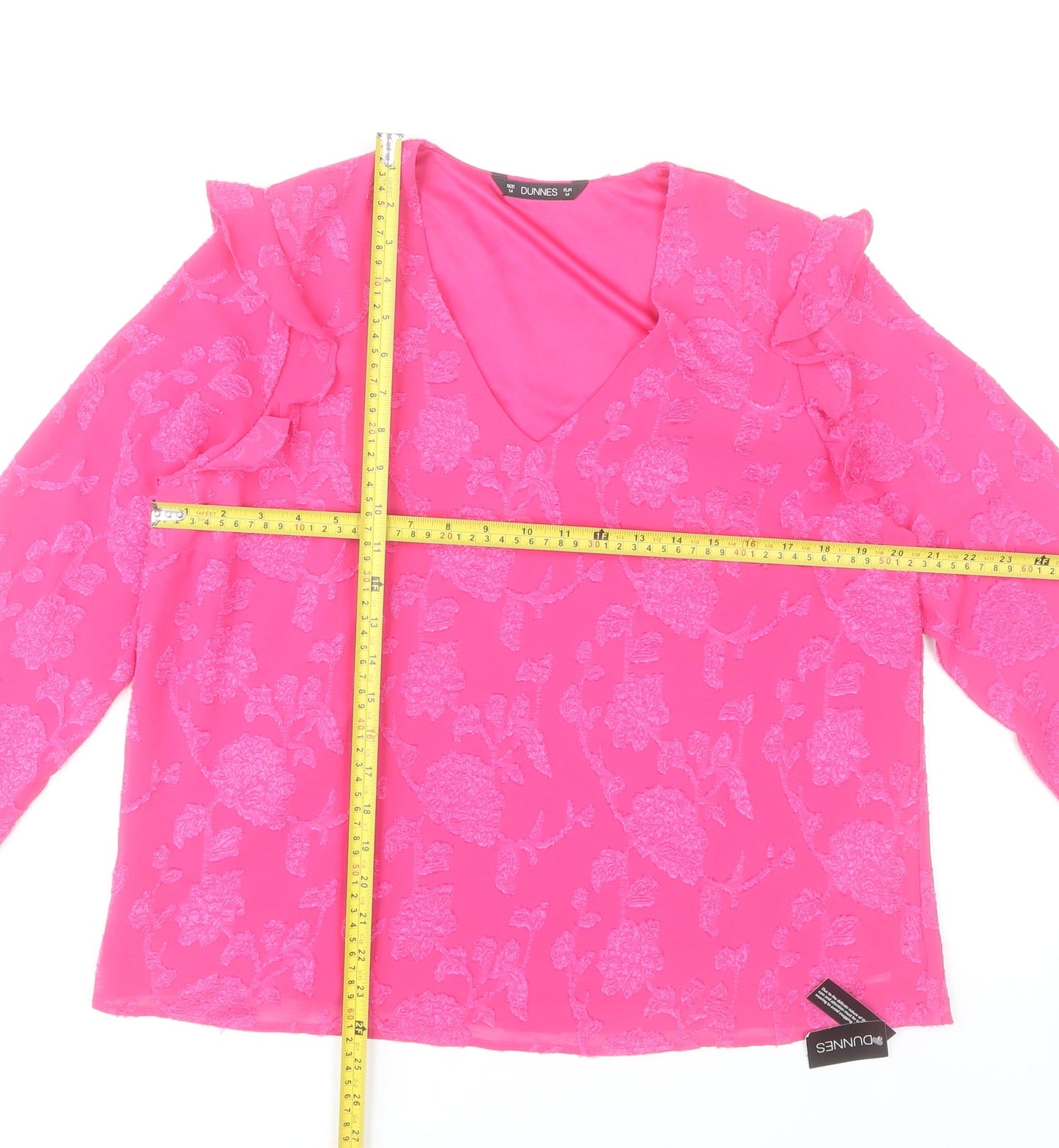 Dunnes Stores Women’s Pink Floral Ruffle V-Neck Long Sleeve Blouse M
