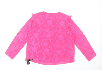 Dunnes Stores Women’s Pink Floral Ruffle V-Neck Long Sleeve Blouse M