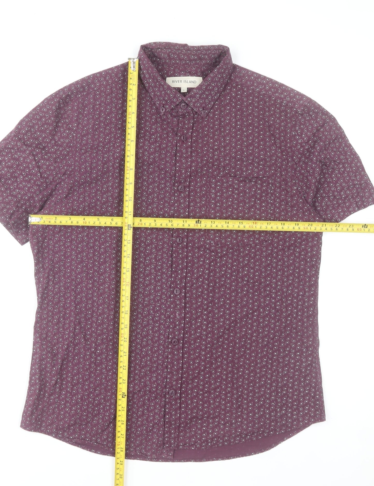 River Island Men's Purple Paisley Short Sleeve Button-Up Shirt Size L