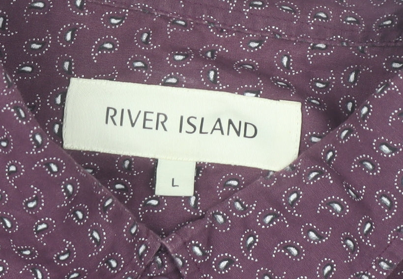 River Island Men's Purple Paisley Short Sleeve Button-Up Shirt Size L