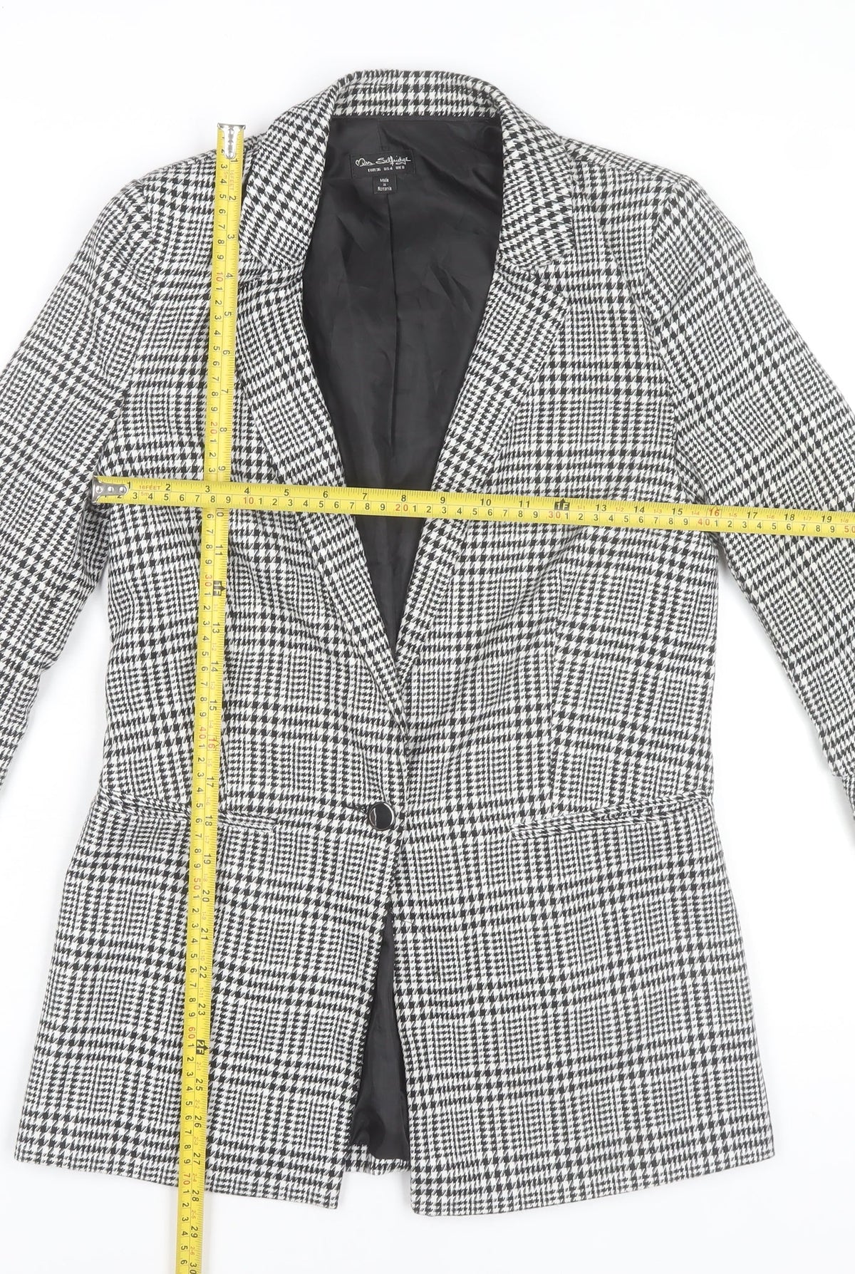 Back view of Miss Selfridge Women's Black Check Blazer Jacket, size 8