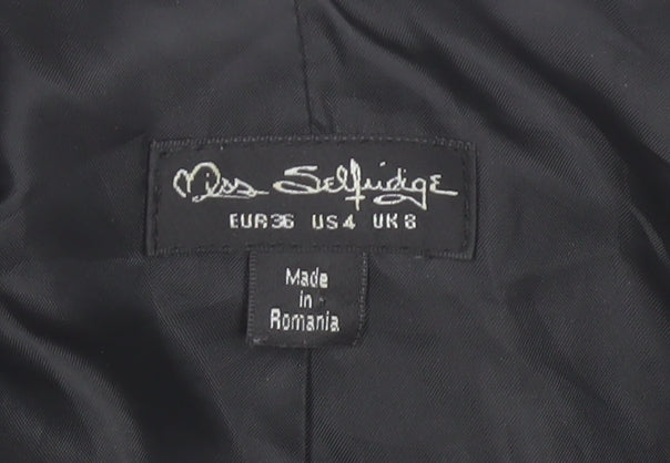 Brand and care label for Miss Selfridge Women's Black Check Blazer Jacket, size 8