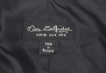Brand and care label for Miss Selfridge Women's Black Check Blazer Jacket, size 8