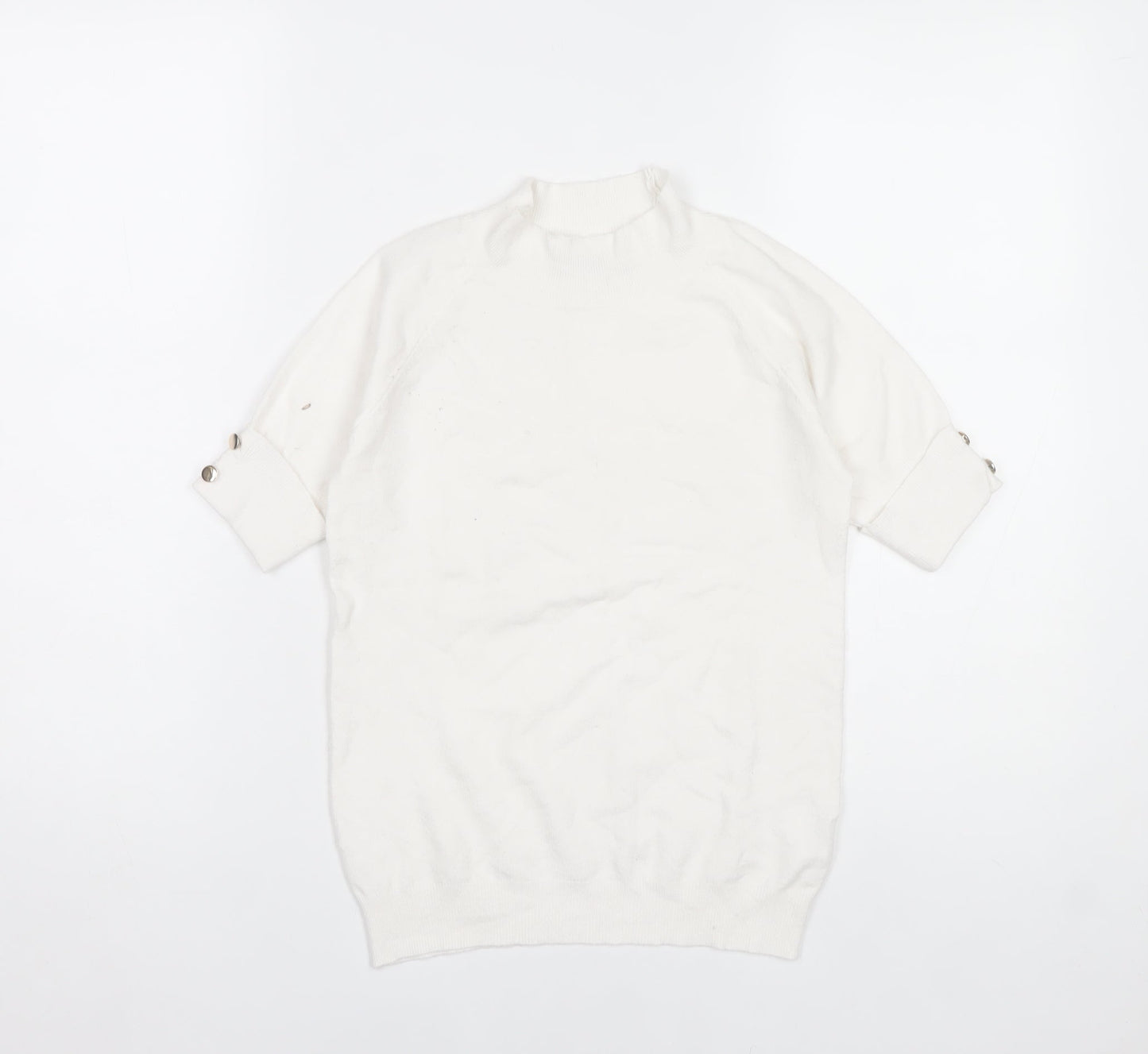 Passione Women White Mock Neck Knit Blouse L Short Sleeve