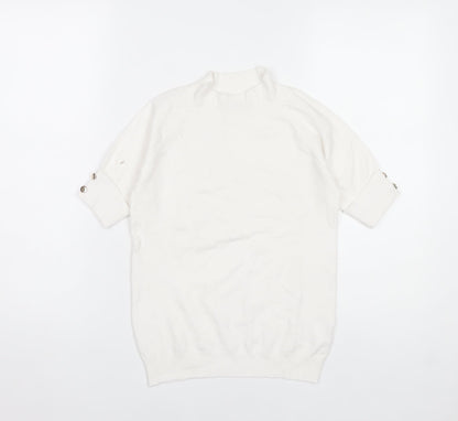 Passione Women White Mock Neck Knit Blouse L Short Sleeve