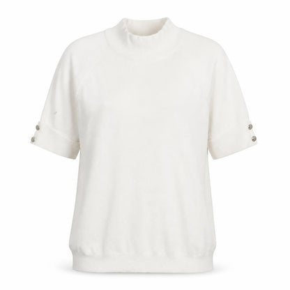 Passione Women White Mock Neck Knit Blouse L Short Sleeve