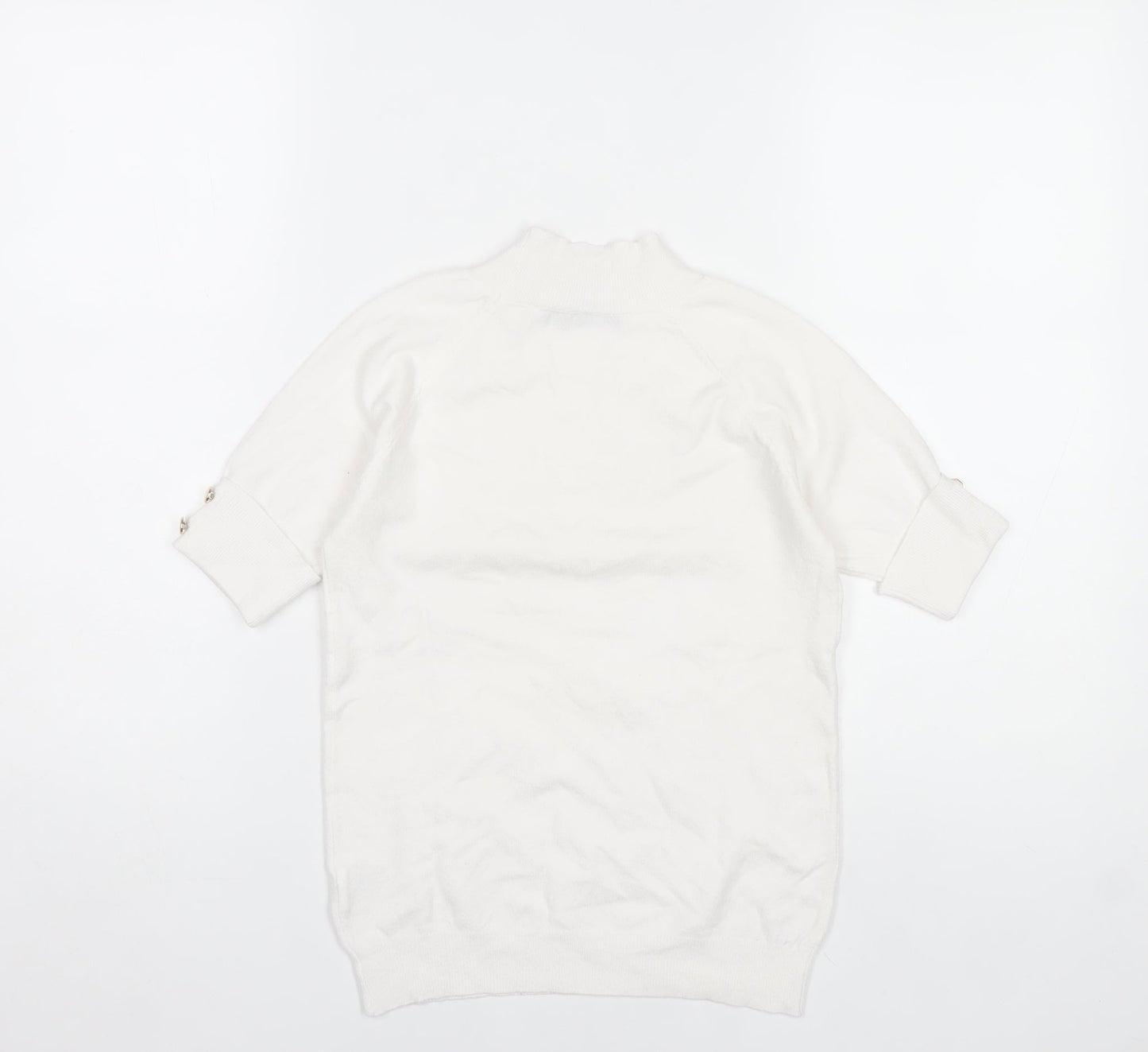 Passione Women White Mock Neck Knit Blouse L Short Sleeve