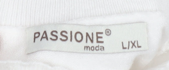Passione Women White Mock Neck Knit Blouse L Short Sleeve