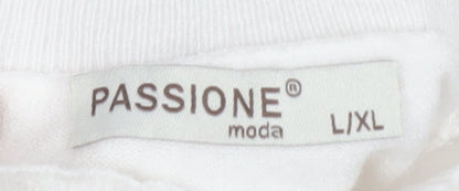 Passione Women White Mock Neck Knit Blouse L Short Sleeve