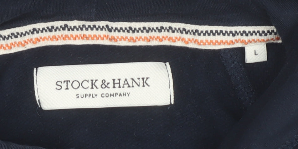 Stock & Hank Men's Blue Pullover Hoodie L Cotton Graphic Sweatshirt