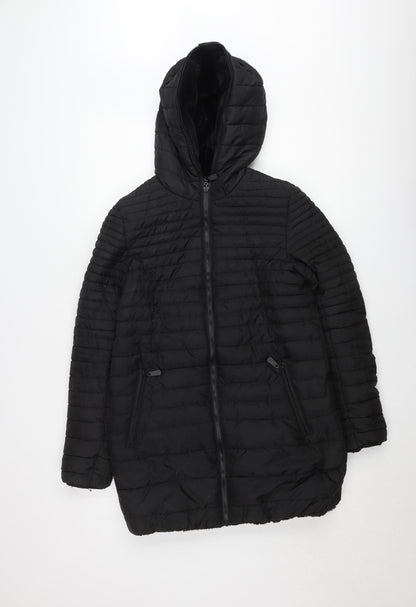 Women's Black Puffer Jacket Hooded Mid-Length Size S Polyester