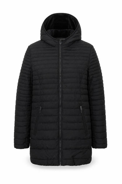 Women's Black Puffer Jacket Hooded Mid-Length Size S Polyester
