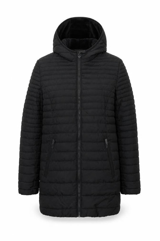 Women's Black Puffer Jacket Hooded Mid-Length Size S Polyester