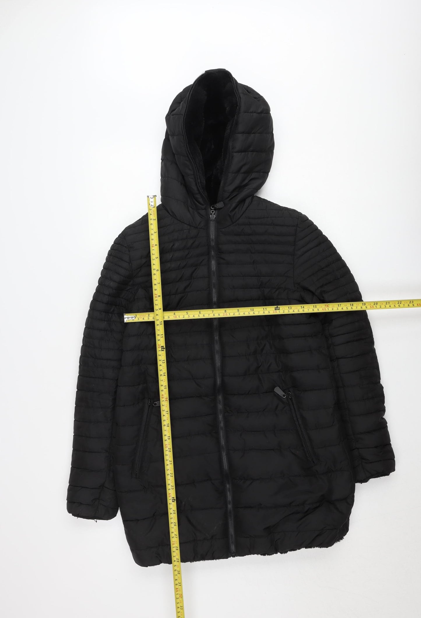 Women's Black Puffer Jacket Hooded Mid-Length Size S Polyester
