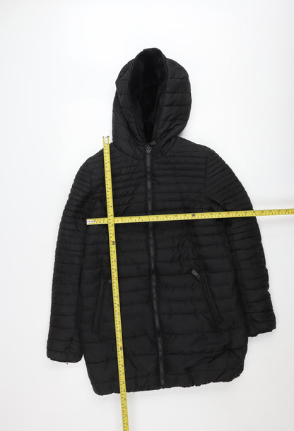 Women's Black Puffer Jacket Hooded Mid-Length Size S Polyester