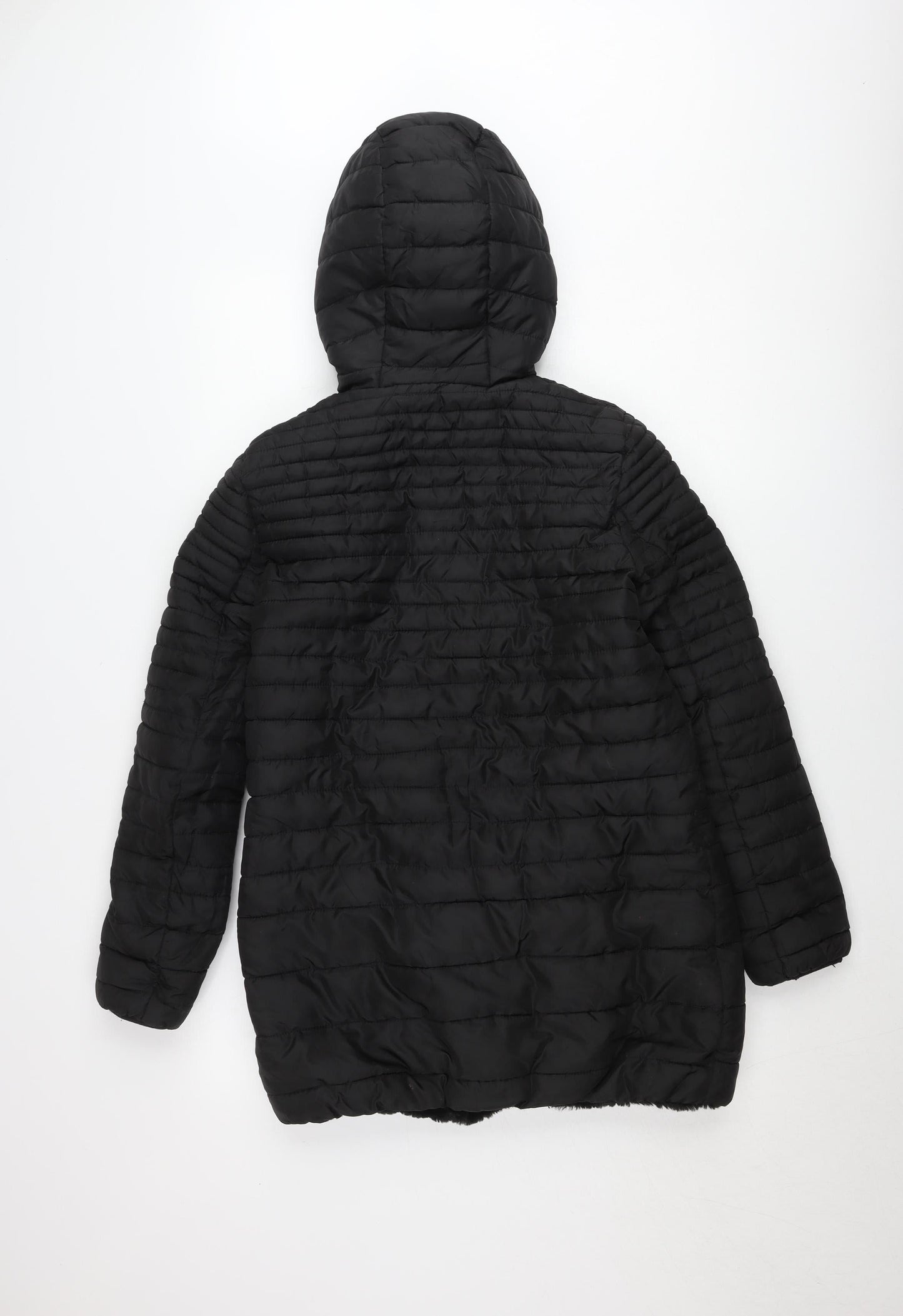 Women's Black Puffer Jacket Hooded Mid-Length Size S Polyester