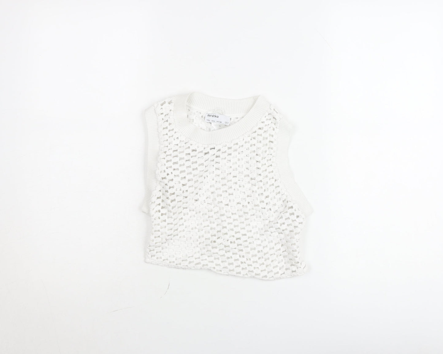 Bershka Women White Knit Cropped Tank Top Size L