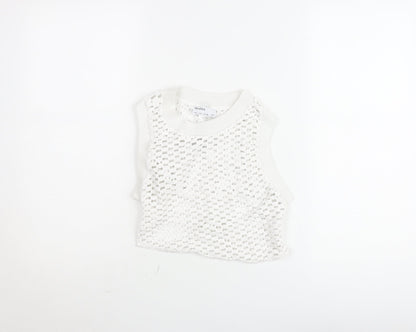 Bershka Women White Knit Cropped Tank Top Size L