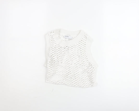 Bershka Women White Knit Cropped Tank Top Size L