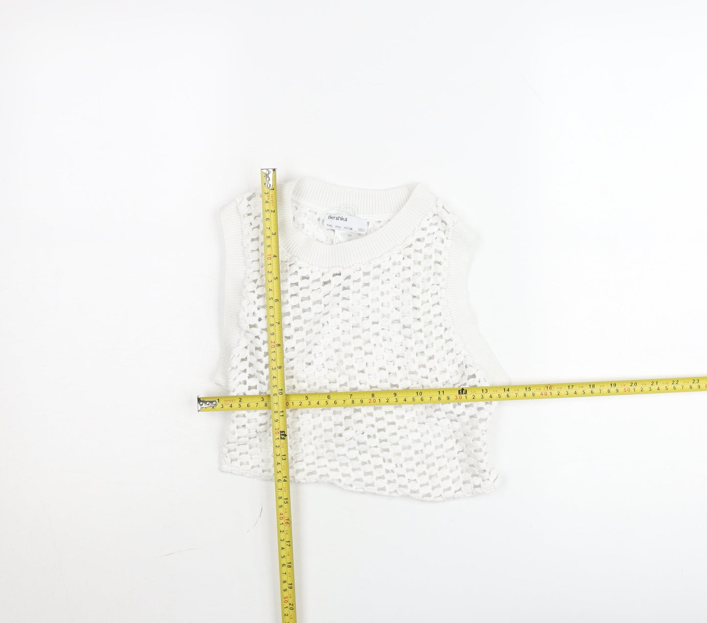 Bershka Women White Knit Cropped Tank Top Size L