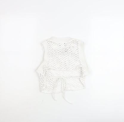 Bershka Women White Knit Cropped Tank Top Size L