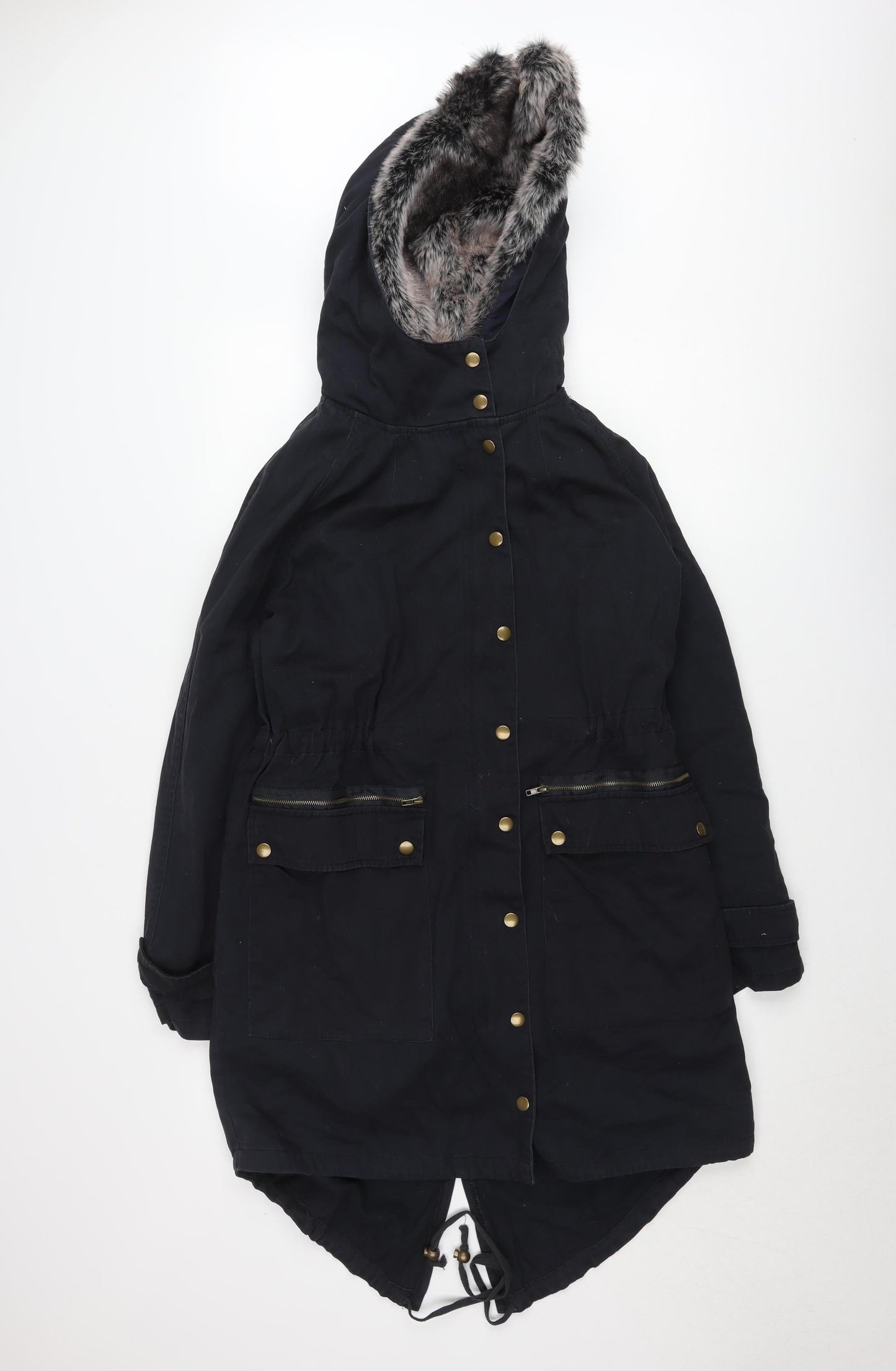 Glamorous Women's Black Faux Fur Hooded Parka Coat XS