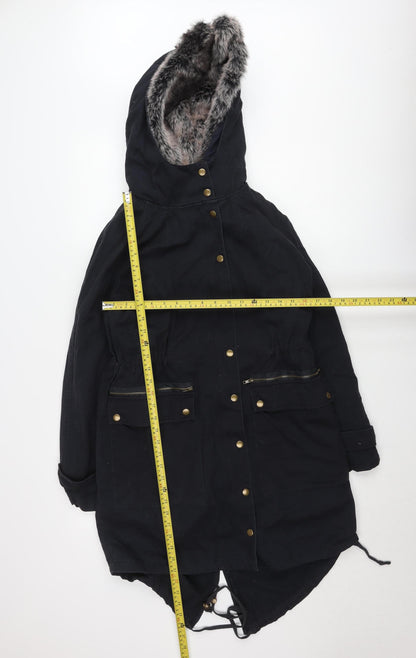 Glamorous Women's Black Faux Fur Hooded Parka Coat XS