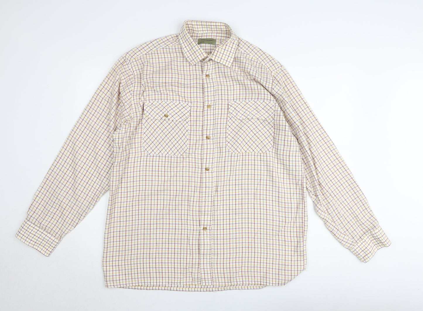 Tom Hagan Men's Beige Checked Long Sleeve Cotton Button-Up Shirt L