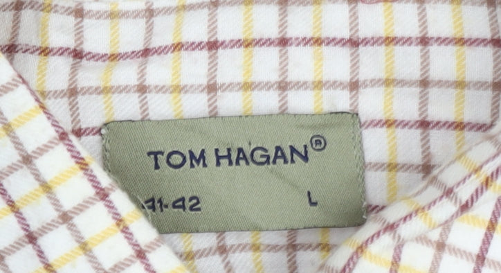 Tom Hagan Men's Beige Checked Long Sleeve Cotton Button-Up Shirt L