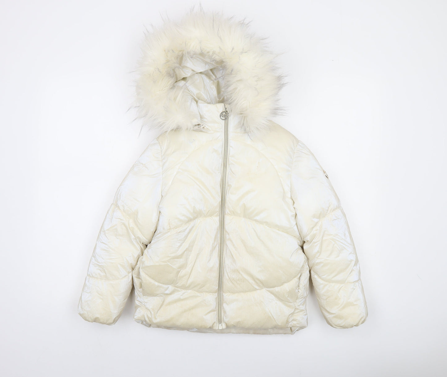 Michael Kors Girls Ivory Hooded Puffer Jacket 6 Years Faux Fur Trim Winter Coat