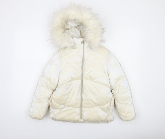 Michael Kors Girls Ivory Hooded Puffer Jacket 6 Years Faux Fur Trim Winter Coat