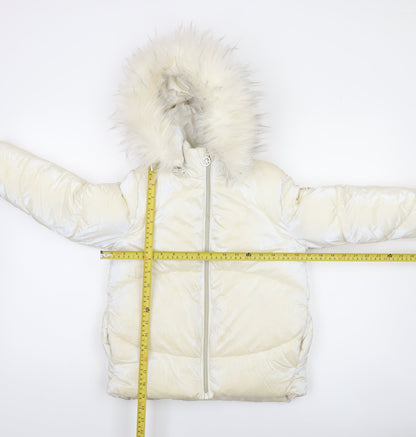 Michael Kors Girls Ivory Hooded Puffer Jacket 6 Years Faux Fur Trim Winter Coat