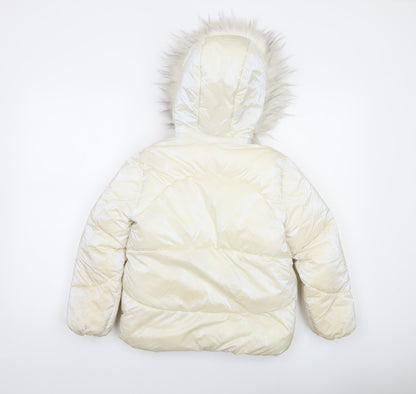 Michael Kors Girls Ivory Hooded Puffer Jacket 6 Years Faux Fur Trim Winter Coat