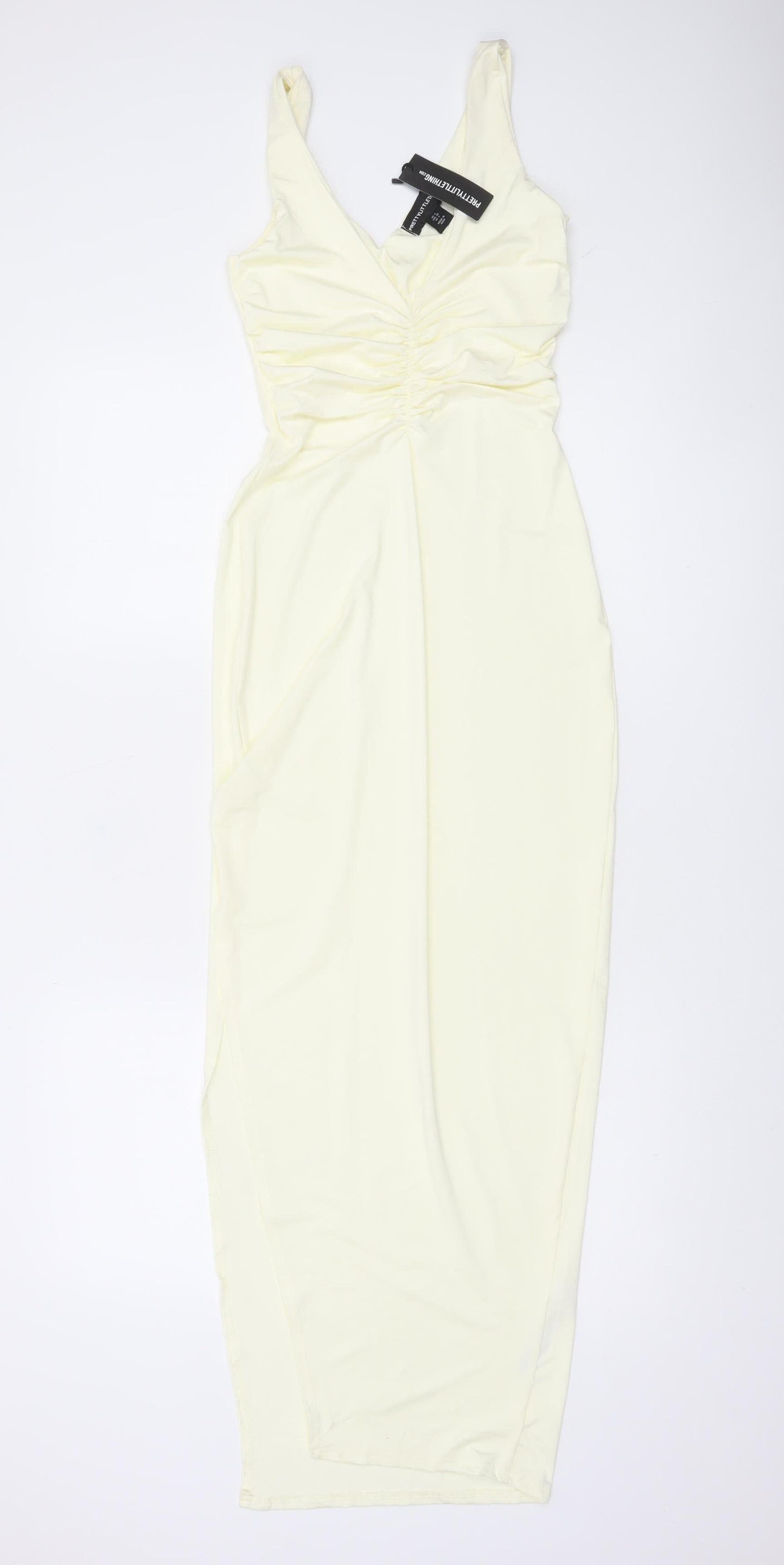 PrettyLittleThing Women’s Ivory Bodycon Midi Dress Size 8 Sleeveless Ruched V-Neck