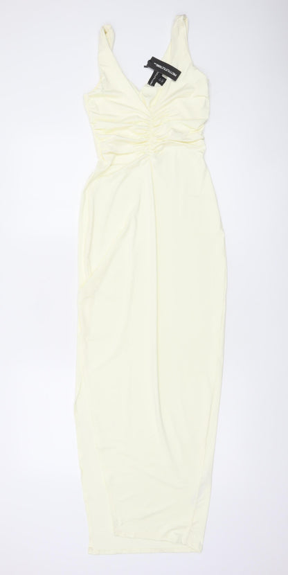 PrettyLittleThing Women’s Ivory Bodycon Midi Dress Size 8 Sleeveless Ruched V-Neck