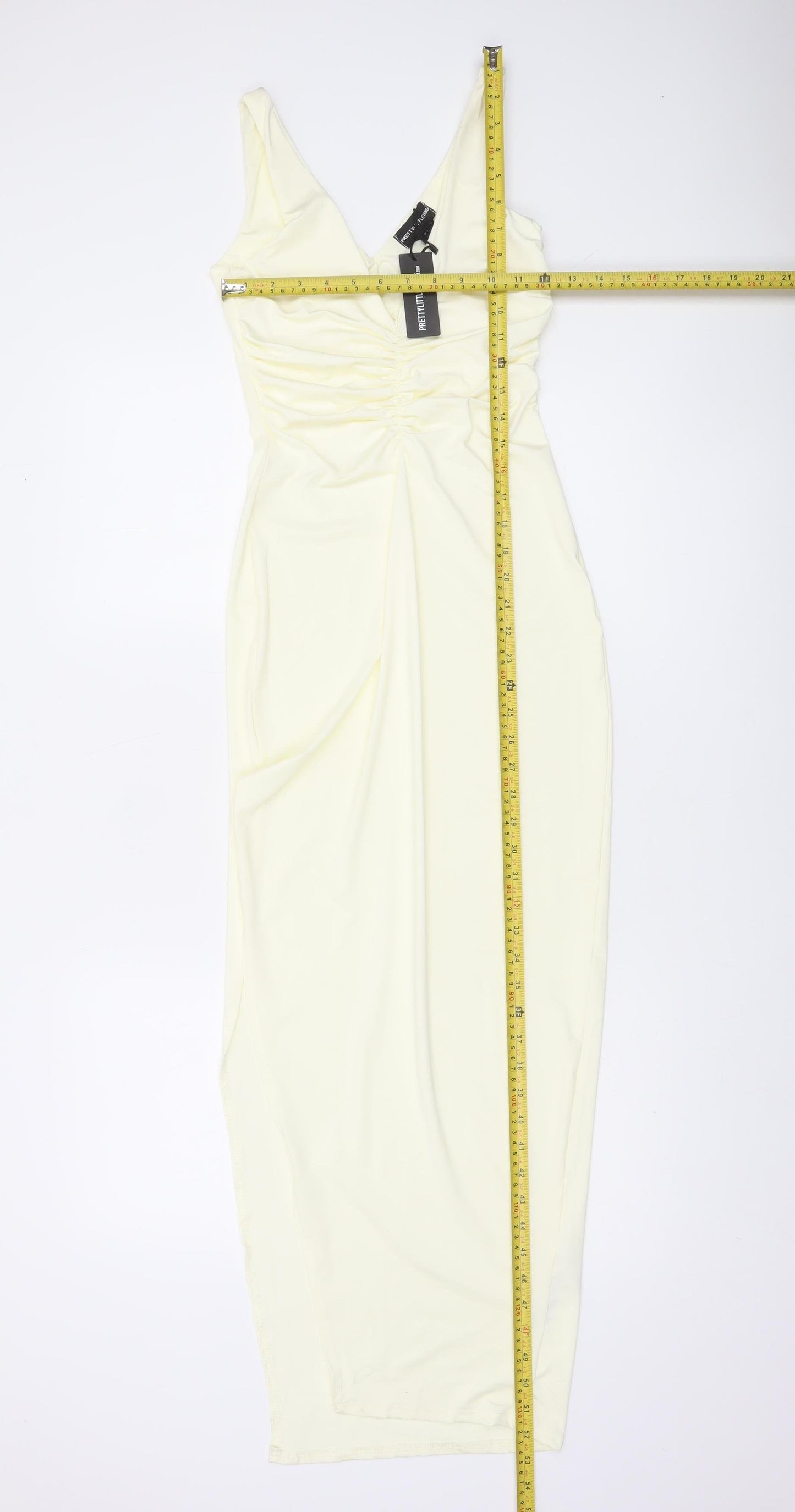 PrettyLittleThing Women’s Ivory Bodycon Midi Dress Size 8 Sleeveless Ruched V-Neck