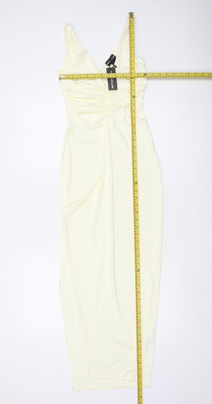 PrettyLittleThing Women’s Ivory Bodycon Midi Dress Size 8 Sleeveless Ruched V-Neck