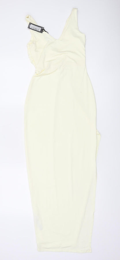 PrettyLittleThing Women’s Ivory Bodycon Midi Dress Size 8 Sleeveless Ruched V-Neck