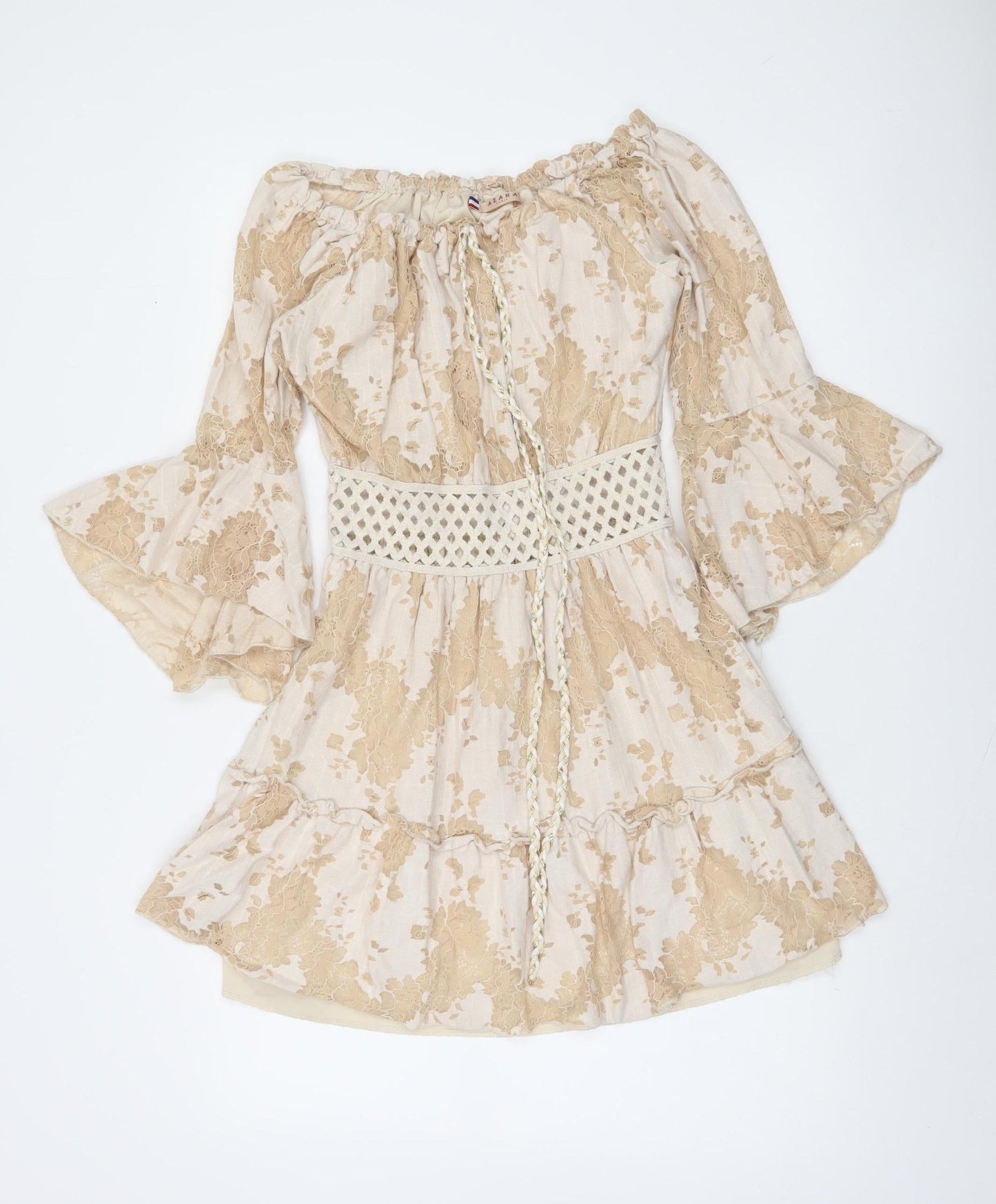 Azaka Paris Women Beige Floral Lace Off Shoulder Bohemian Short Dress M