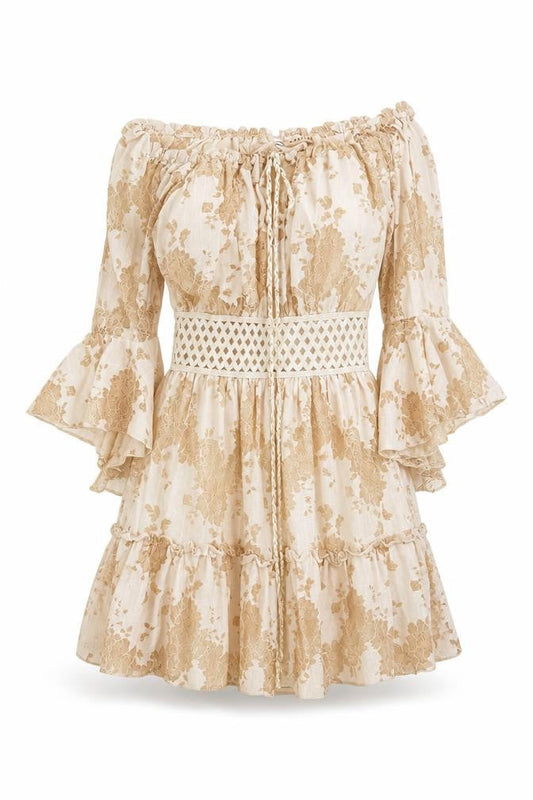 Azaka Paris Women Beige Floral Lace Off Shoulder Bohemian Short Dress M