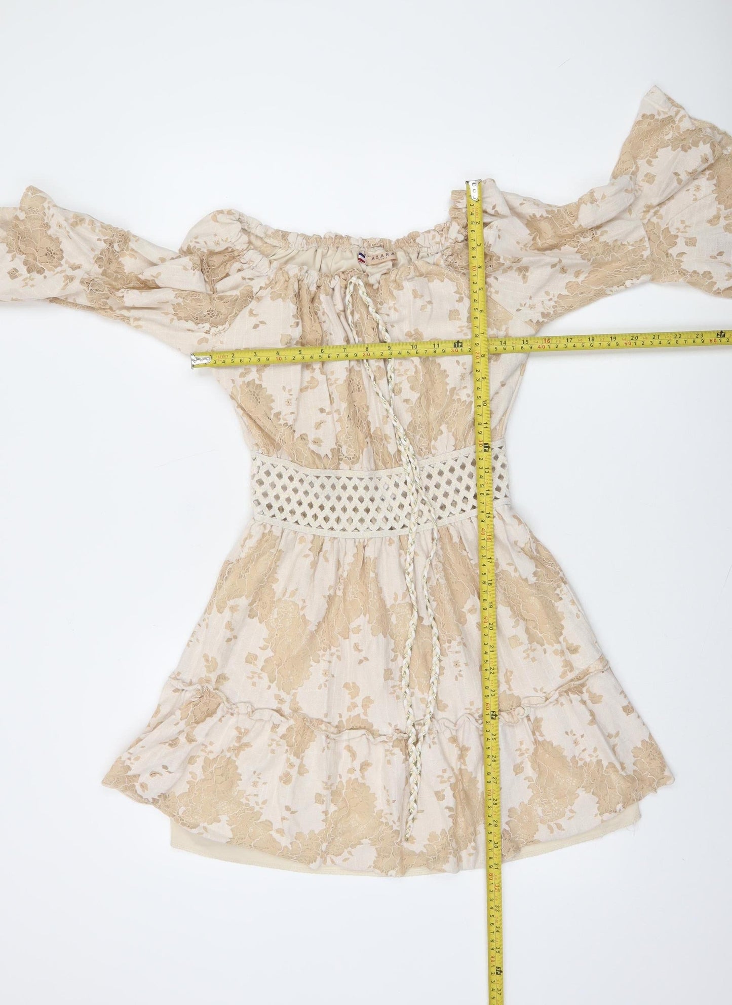 Azaka Paris Women Beige Floral Lace Off Shoulder Bohemian Short Dress M