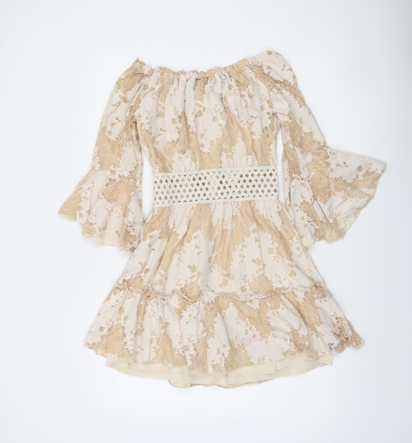 Azaka Paris Women Beige Floral Lace Off Shoulder Bohemian Short Dress M