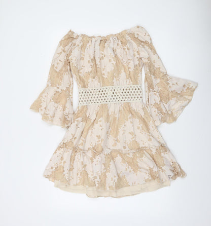 Azaka Paris Women Beige Floral Lace Off Shoulder Bohemian Short Dress M