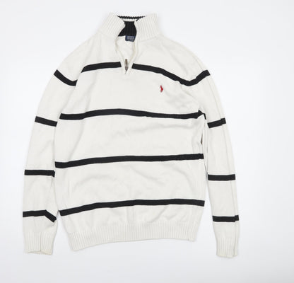 Polo Ralph Lauren Men's White Striped 1/2 Zip Cotton Jumper XL