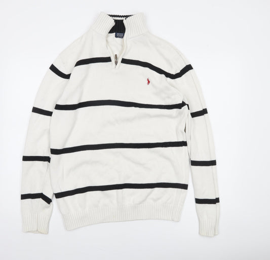 Polo Ralph Lauren Men's White Striped 1/2 Zip Cotton Jumper XL