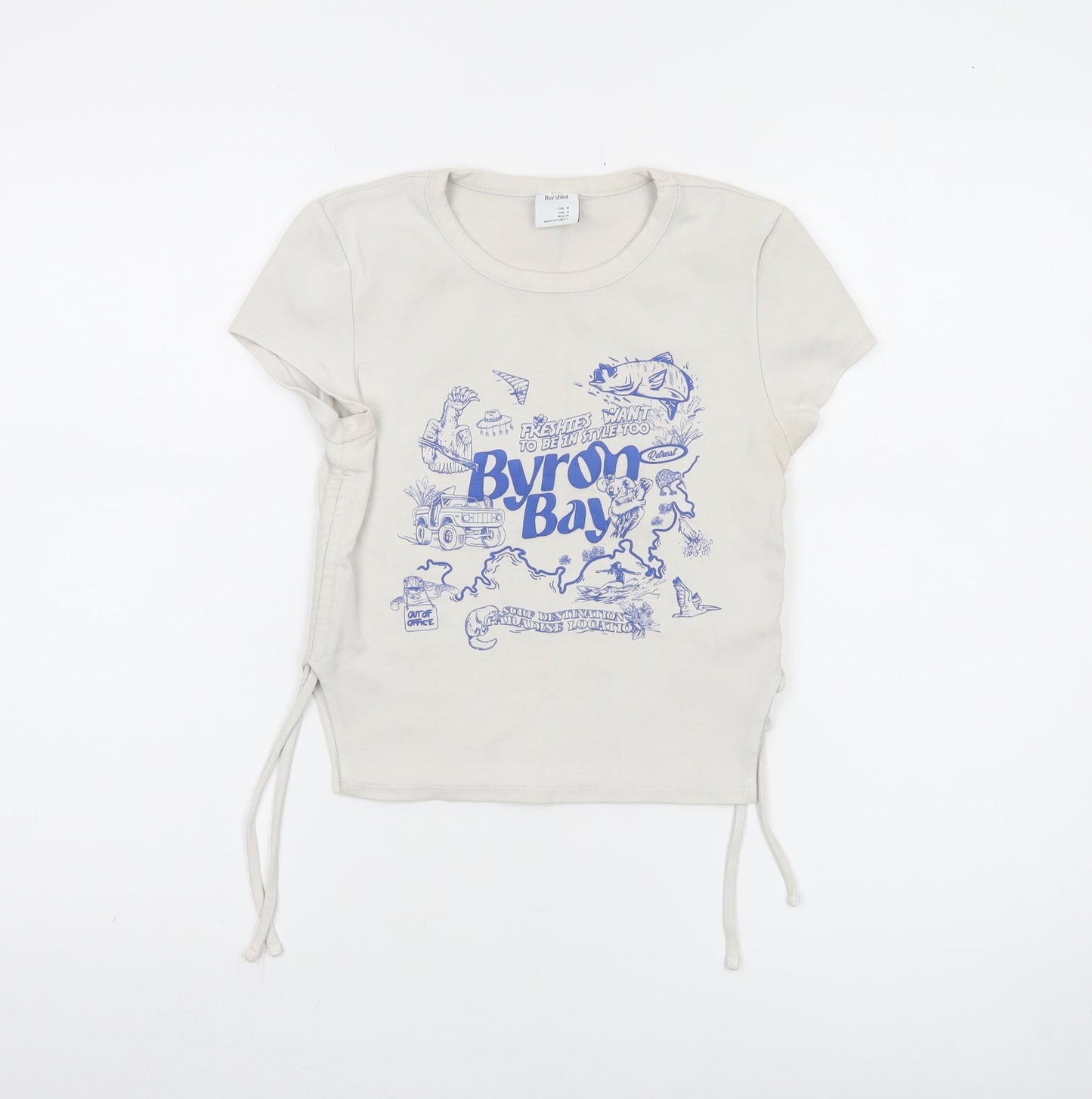Bershka Women Beige Cropped T-Shirt M Byron Bay Graphic Tee